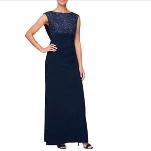 Alex Evenings Lace and Jersey Gown Blue Draped Back Sleeveless Size 14